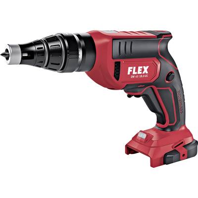 Un tournevis sans fil rouge portant l'inscription 'FLEX DW 45 18.0-EC', rotatif vers la gauche, de conception compacte.