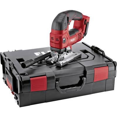 Une scie sauteuse rouge de la marque Flex posée sur un coffret à outils noir avec une fermeture rouge.