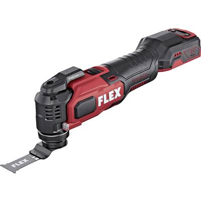 Un outil multifonction rouge et noir de la marque Flex, doté de plusieurs accessoires et d'une poignée ergonomique, est posé sur un fond blanc.