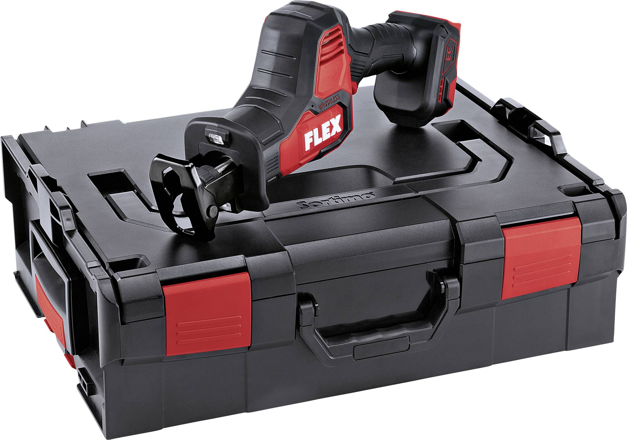 Une boîte à outils noire avec des touches rouges, sur laquelle est posée une scie électrique noire et rouge portant l'inscription 'FLEX'.