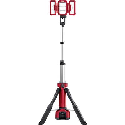 Un projecteur portable rouge à LED avec pieds dépliables et support d'éclairage réglable en hauteur, conçu pour l'éclairage de chantier.