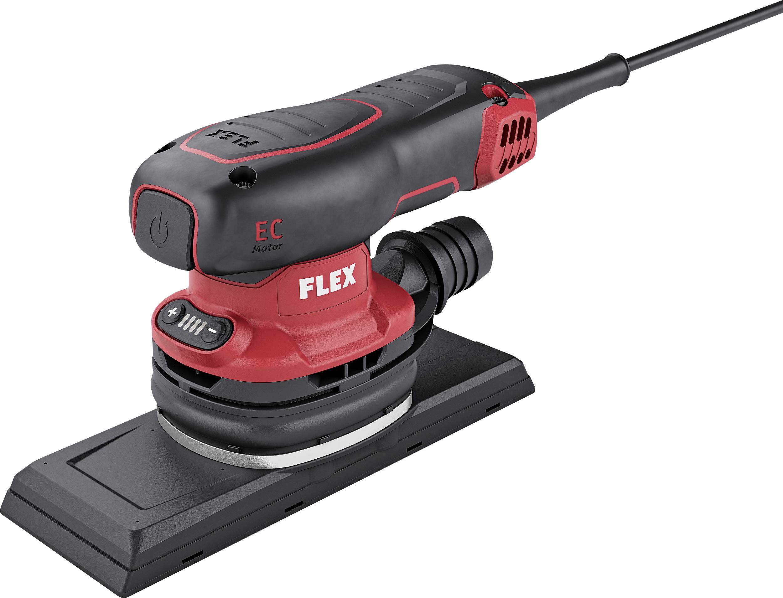 Ponceuse excentrique à surface de ponçage rectangulaire, boîtier rouge et noir, de la marque Flex.