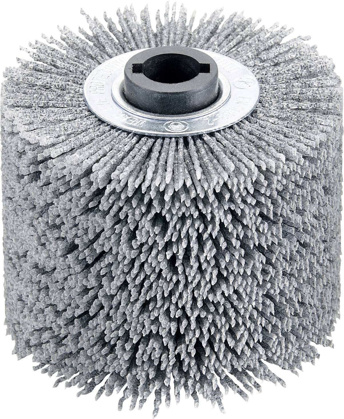 Brosse abrasive grise de forme cylindrique, avec des poils en matériau robuste, support central pour montage sur machine.