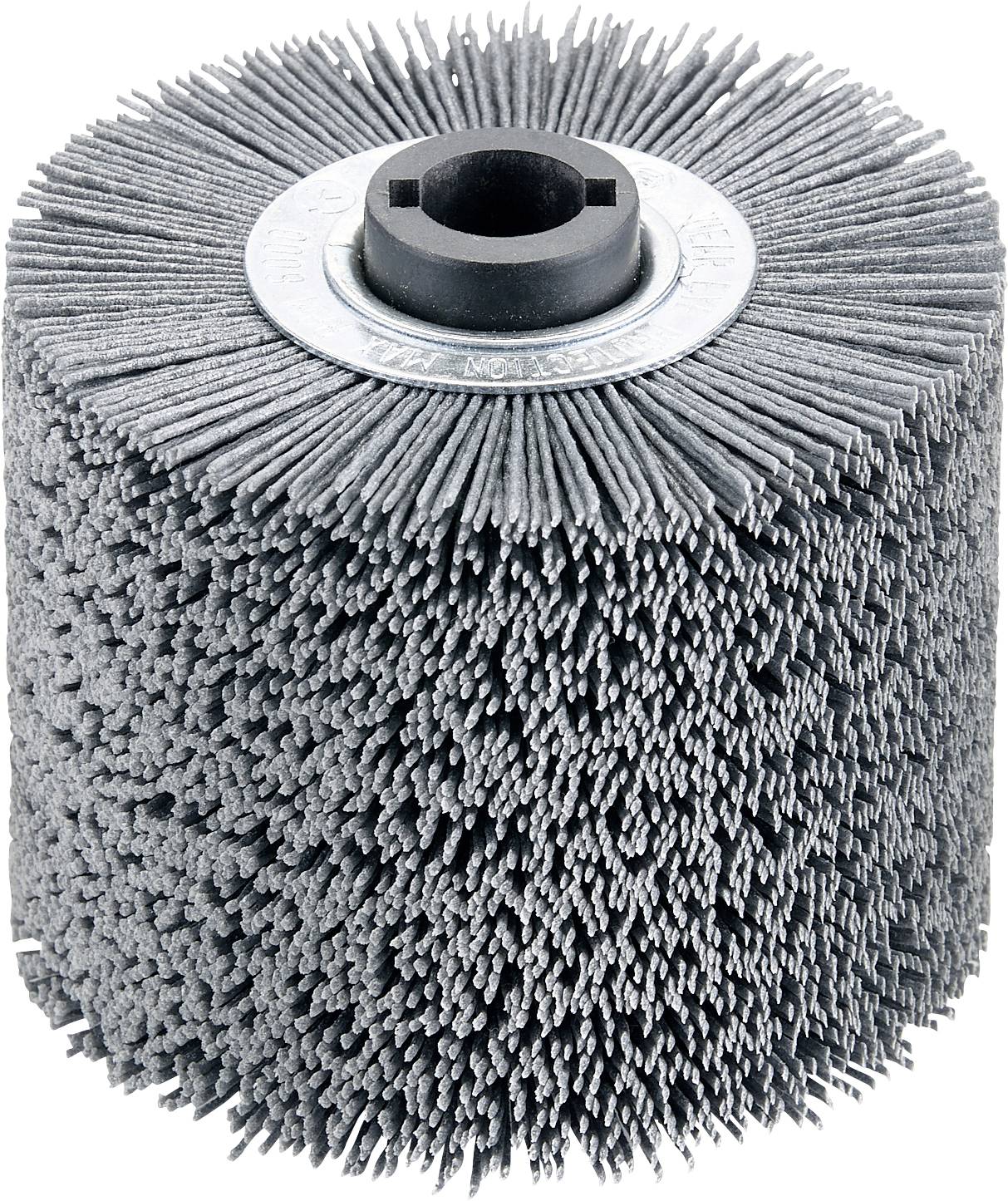 Brosse abrasive grise avec des poils, forme cylindrique, en gros plan.