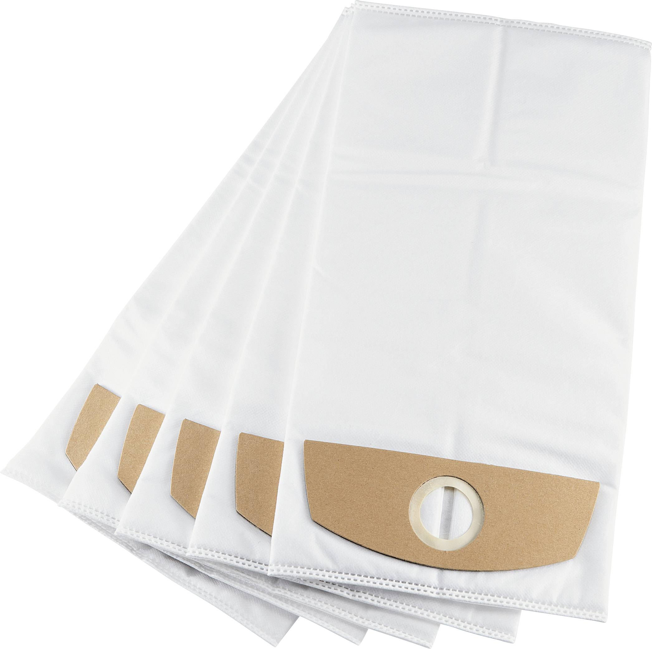 Sacs d'aspirateur en matériau non tissé, présentés par pile, avec ouverture circulaire et renfort en carton, pour une collecte hygiénique de la poussière.