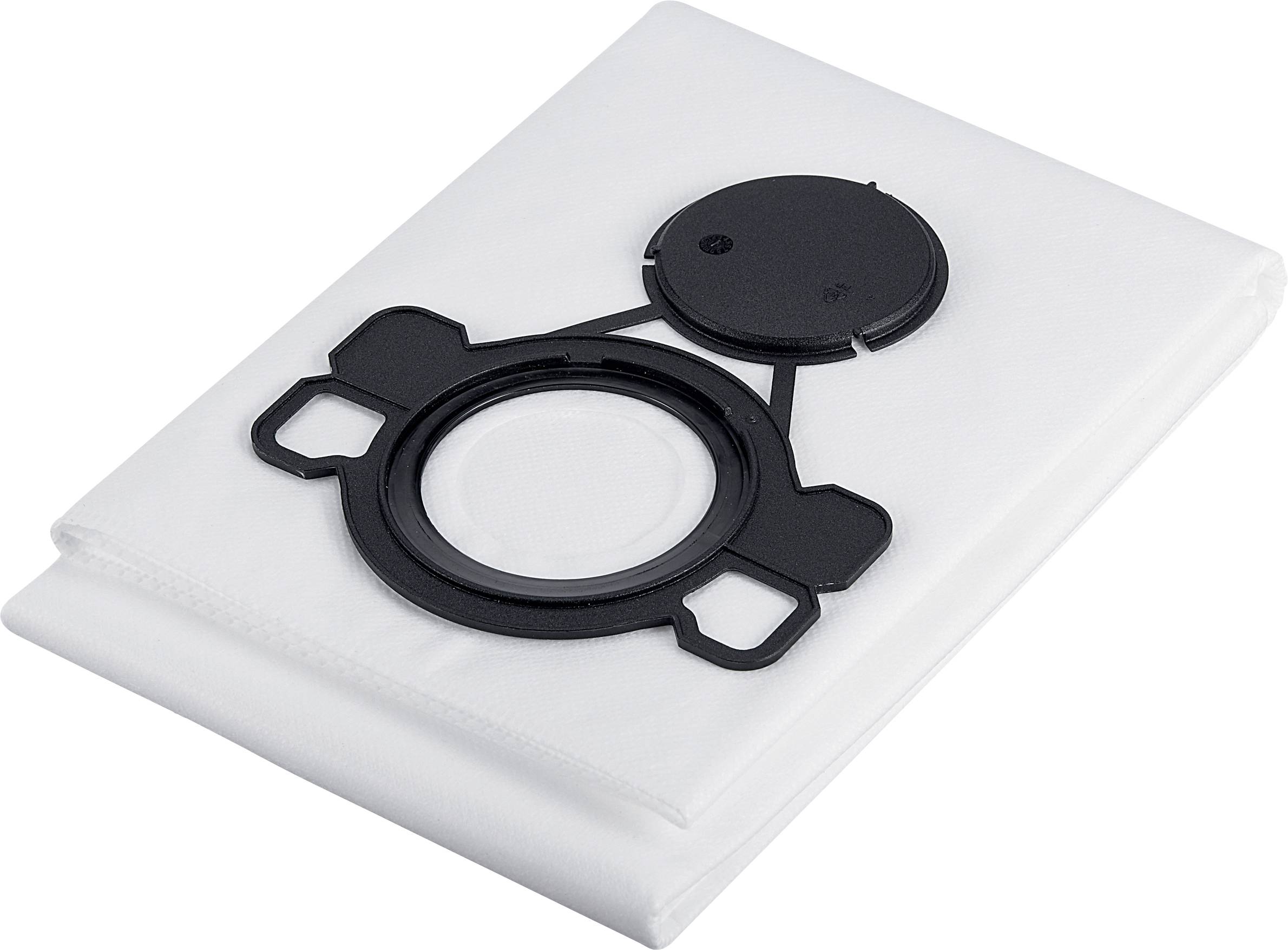 Sac d'aspirateur en tissu blanc avec fermeture en plastique noir, posé à plat, prêt à être inséré dans un aspirateur.