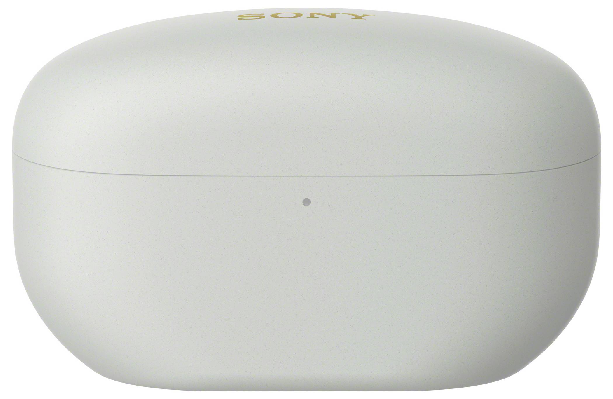 Un étui blanc et ovale de Sony pour écouteurs sans fil.