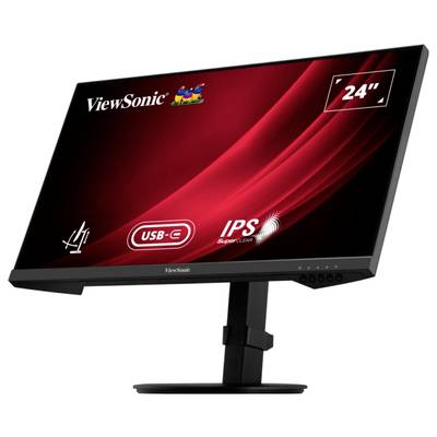 Un moniteur noir ViewSonic avec un écran de 24 pouces. Prend en charge l'USB-C et la technologie IPS. Logo de la marque en haut à gauche.