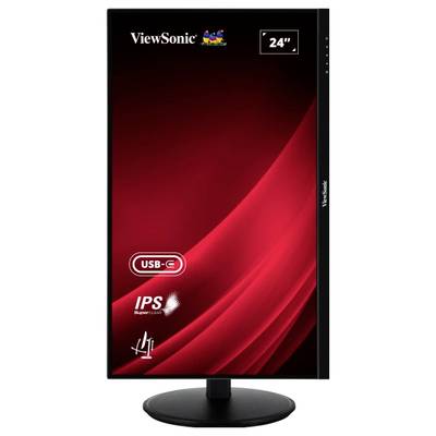 Un moniteur ViewSonic de 24 pouces avec port USB-C, écran IPS et design ergonomique sur fond rouge.