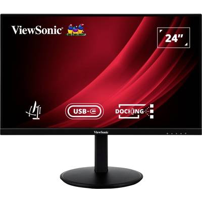 Moniteur ViewSonic avec écran de 24 pouces, port USB-C et fonction de station d'accueil présenté sur un fond rouge.
