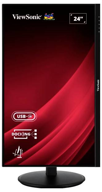 Un moniteur ViewSonic de 24 pouces avec fonction de connexion USB-C, adapté aux applications professionnelles d'affichage.