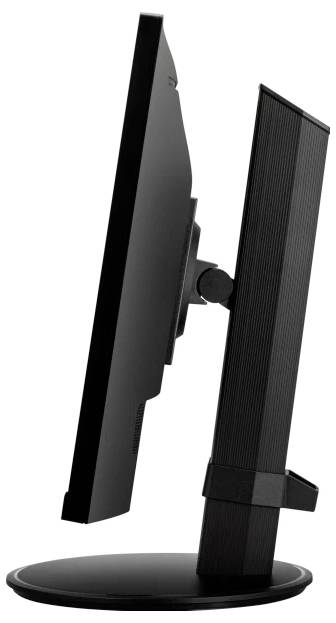 Un moniteur d'ordinateur noir vu de côté, avec un cadre fin et un socle stable.
