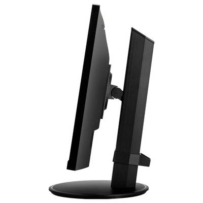 Un moniteur d'ordinateur noir vu de côté, avec un cadre fin et un socle stable.