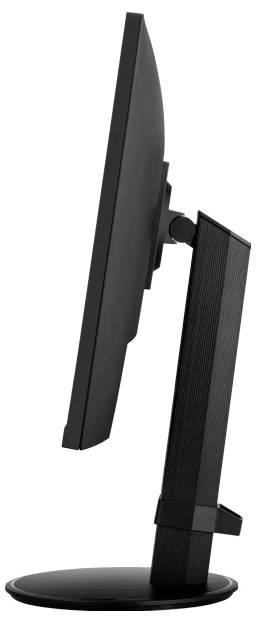 Un écran d'ordinateur noir vu de côté, monté verticalement sur un support pivotant.