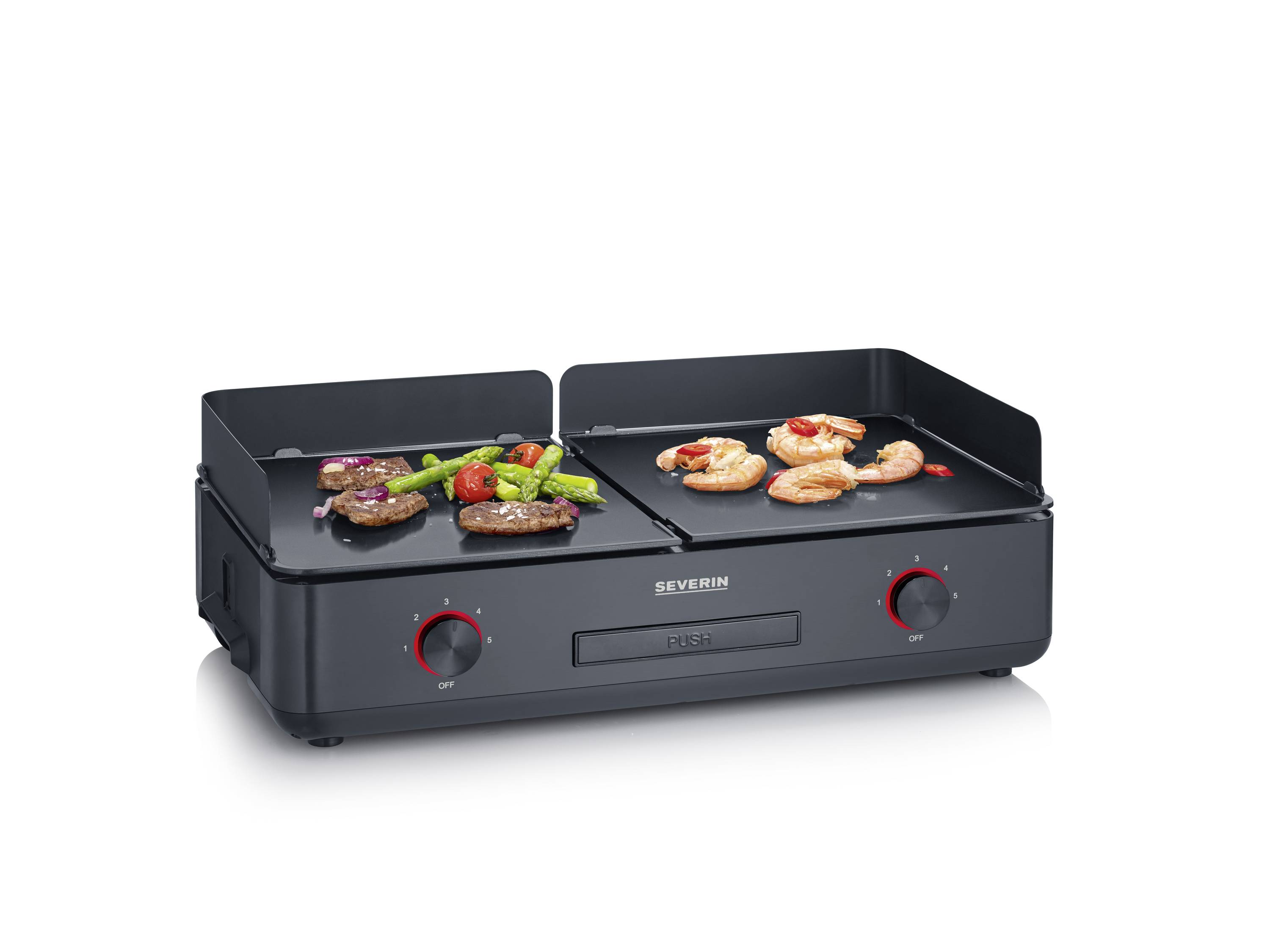 Un grill de table électrique avec deux plaques de cuisson ; à gauche de la viande et des légumes, à droite des crevettes. Boutons de contrôle pour régler la température.