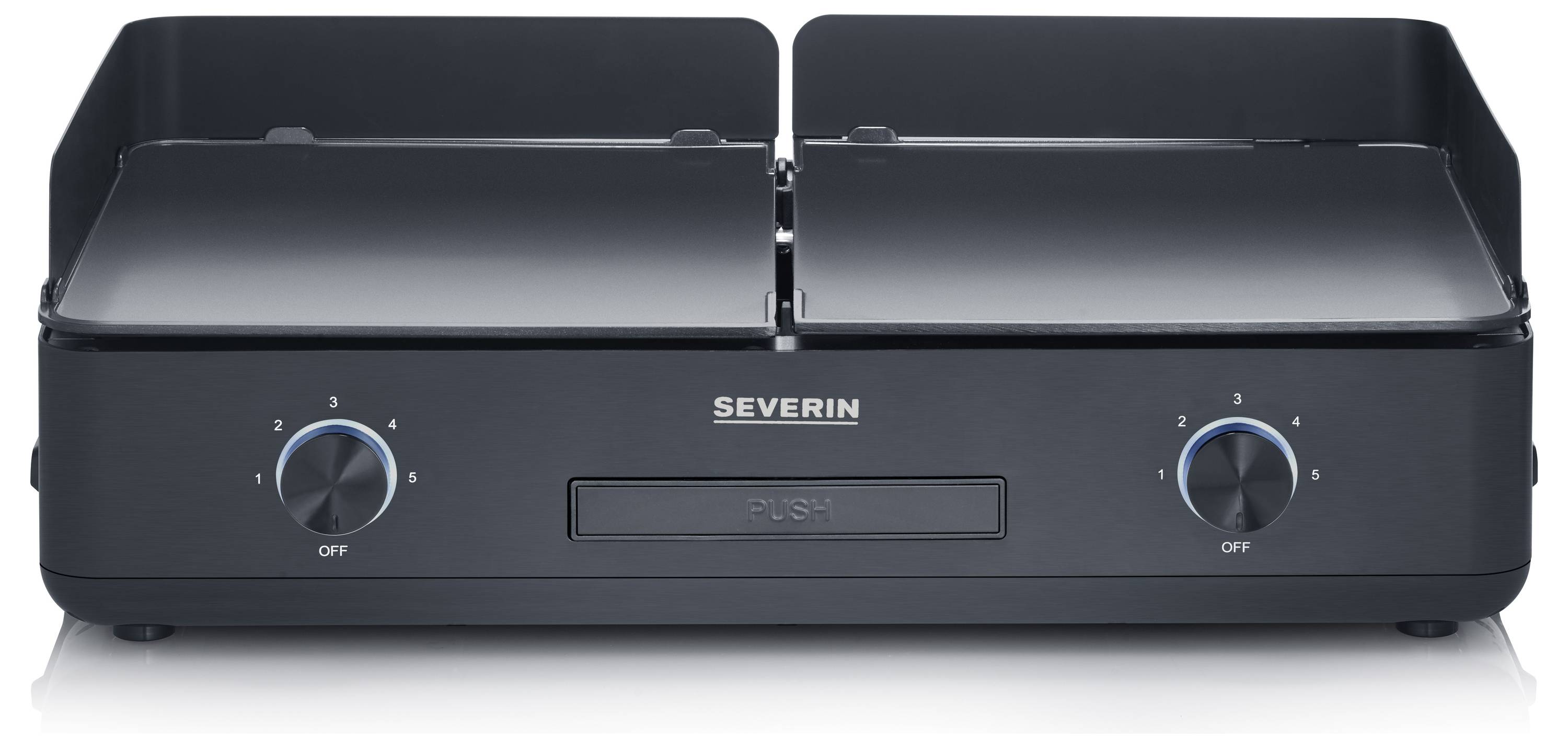 Un grille-pain noir à double fente de la marque Severin, avec deux molettes de réglage du niveau de brunissage, éteint.