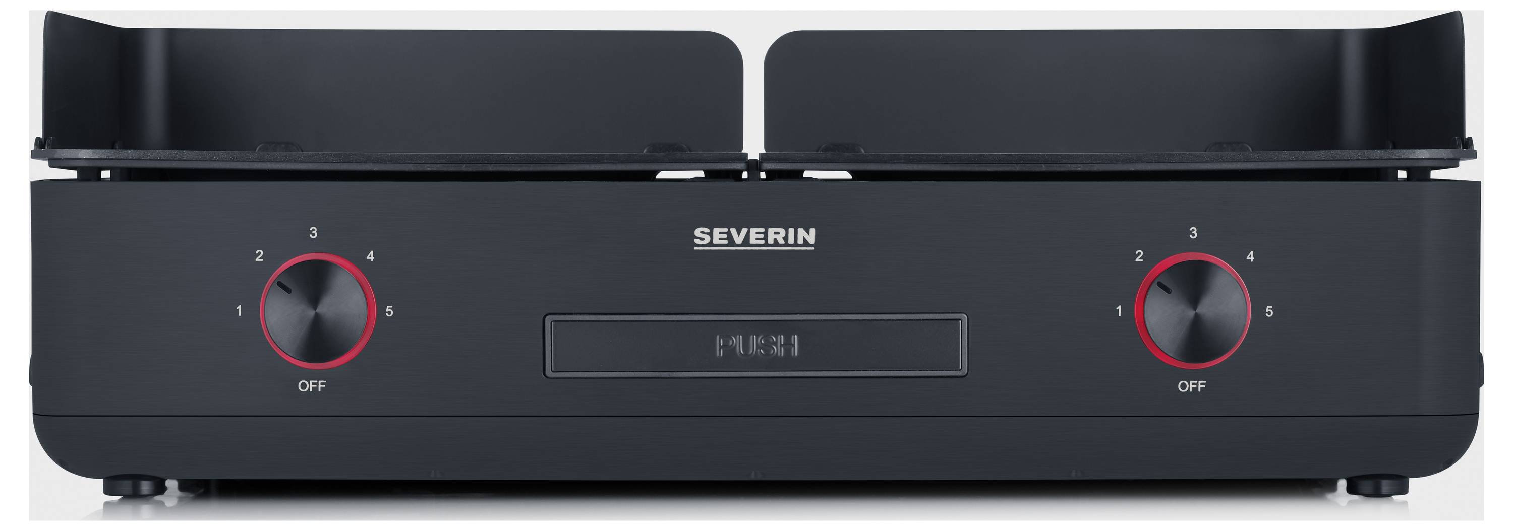 Plaque de cuisson double en noir avec deux régulateurs permettant de régler les températures de 1 à 4. Idéal pour cuisiner et réchauffer.