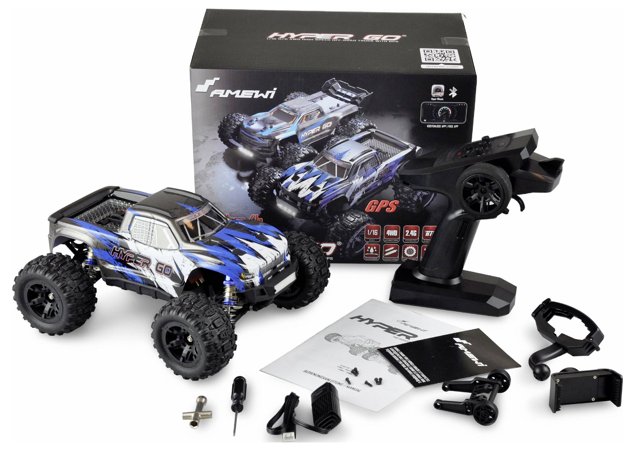 Une voiture télécommandée avec accessoires, télécommande et emballage. Sur l'emballage est inscrit 'HIGER GO'. Comprend un manuel d'instructions et des outils.