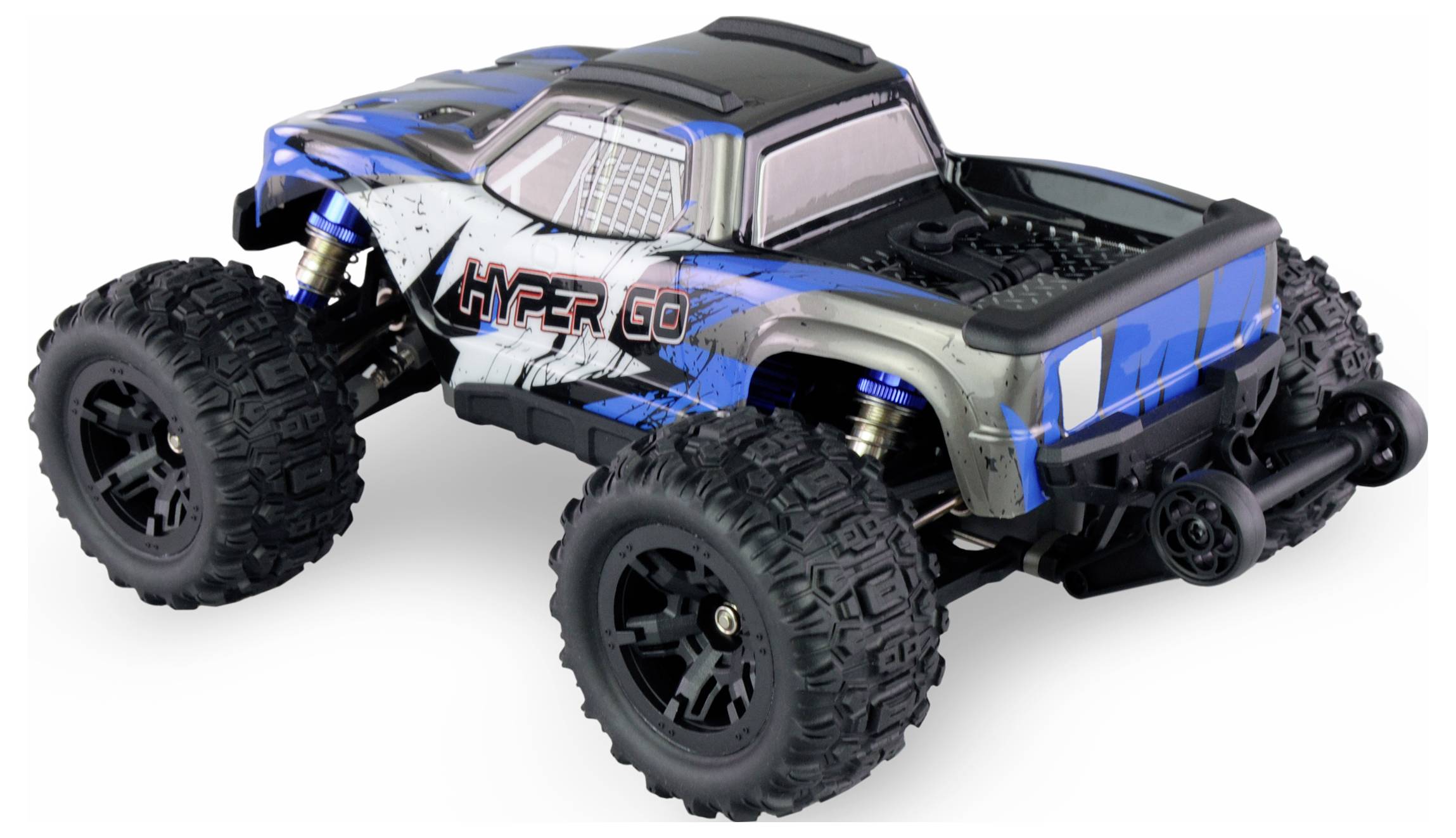 Voiture télécommandée bleue et noire avec de grandes roues tout-terrain et l'inscription 'HYPER GO' sur le côté.