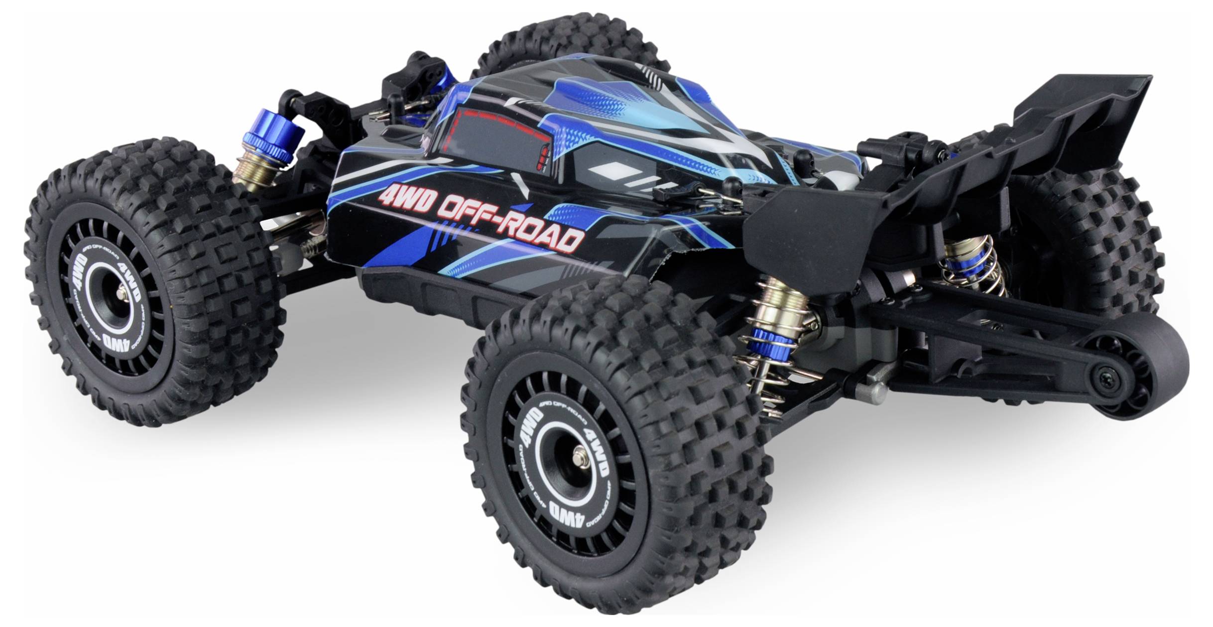 Voiture télécommandée avec des pneus tout-terrain robustes et l'inscription '4WD OFF-ROAD', adaptée aux trajets hors route.