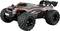 Une voiture télécommandée tout-terrain 4x4 avec de grandes roues et un design rouge, noir et gris.
