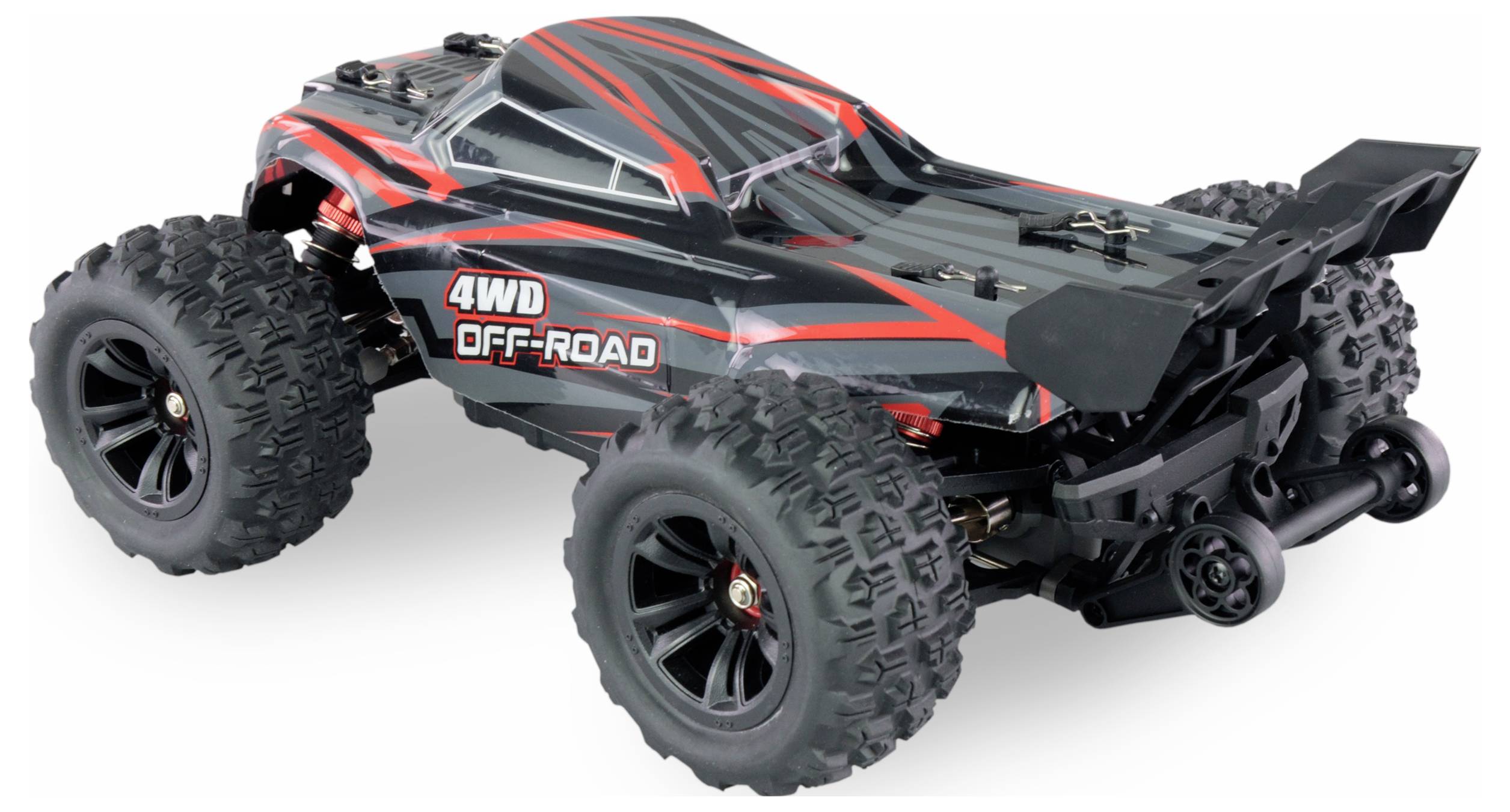 Voiture tout-terrain jouet avec des pneus robustes et des bandes rouges. 4x4 Tout-terrain est écrit sur le côté.