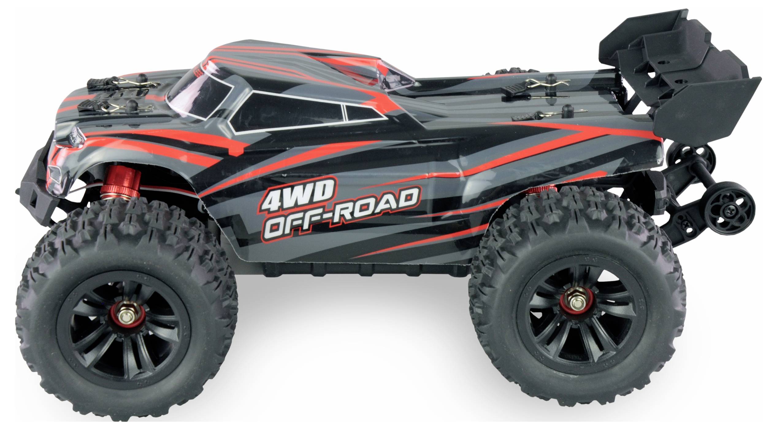 Voiture télécommandée tout-terrain 4x4, design robuste, grandes roues, adaptée aux terrains difficiles.