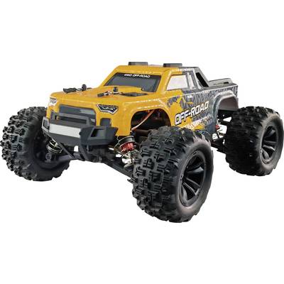 Une voiture télécommandée tout-terrain jaune avec de grandes roues et une construction robuste, idéale pour les terrains accidentés.