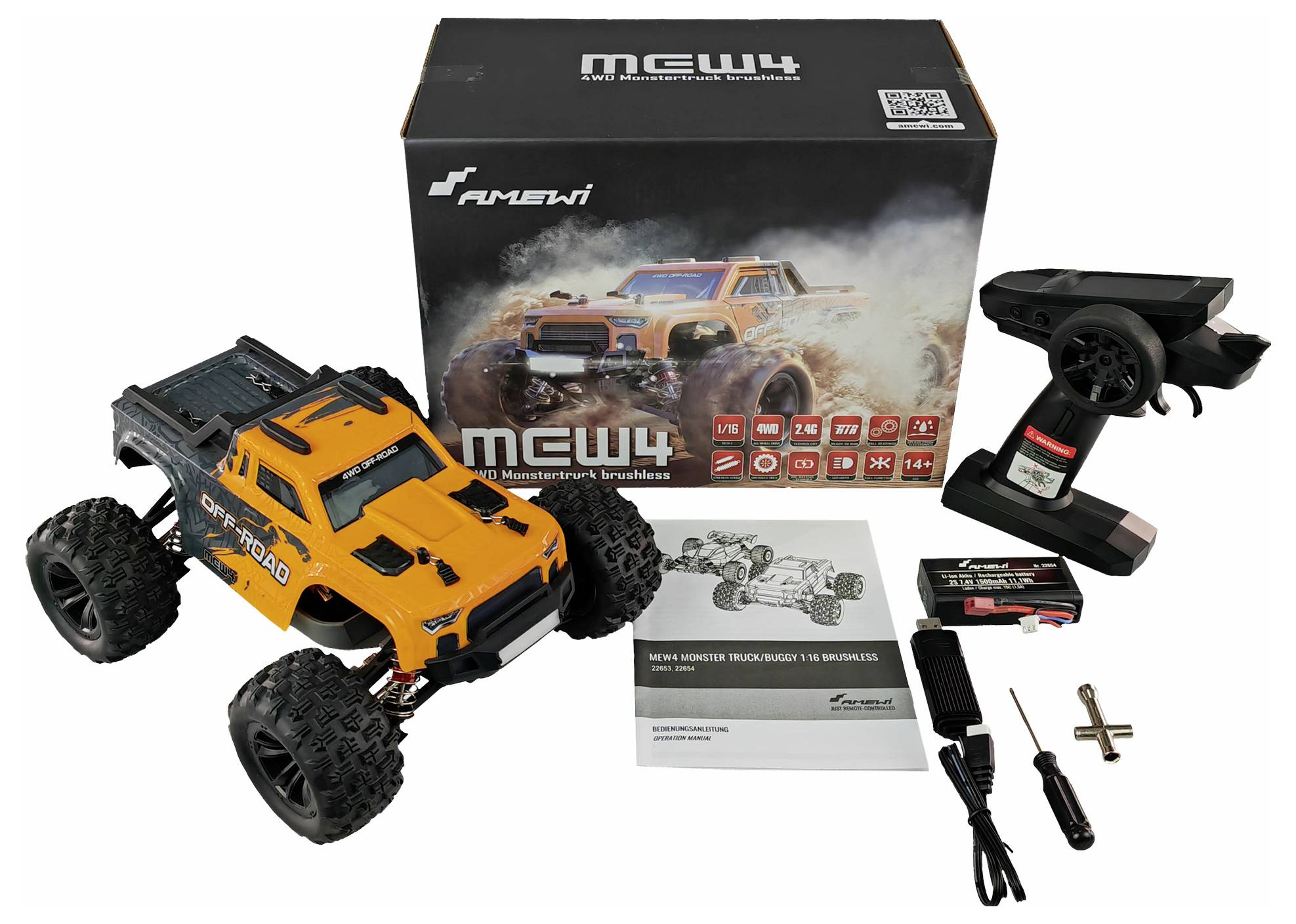 Un kit de voiture télécommandée avec un monster truck orange, une télécommande, un chargeur de batterie, des outils et un manuel d'instructions.