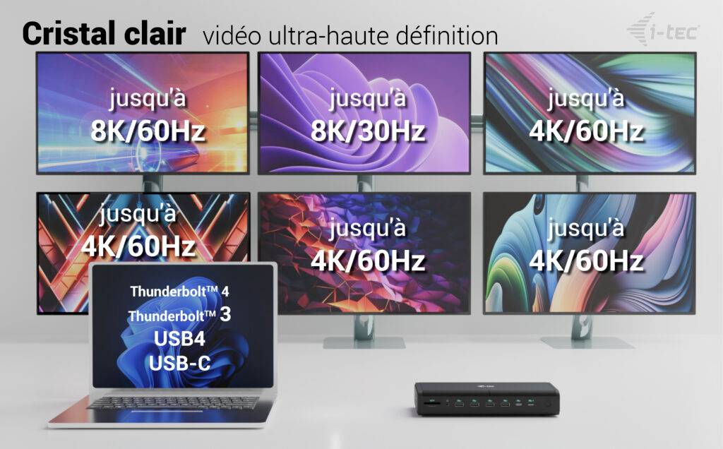 Six moniteurs affichent différentes résolutions allant jusqu'à 8K/60Hz. Un ordinateur portable et une station d'accueil avec ports Thunderbolt 4 et USB sont au premier plan.