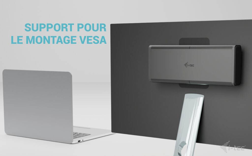 Un ordinateur portable à côté d'un écran fixé avec un support de montage VESA, texte : 'Support pour le montage VESA'.