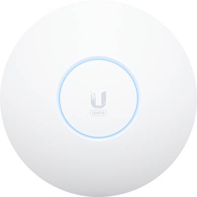 Un point d'accès Wi-Fi blanc et rond avec un anneau lumineux bleu au centre. Logo 'UniFi' à l'avant.