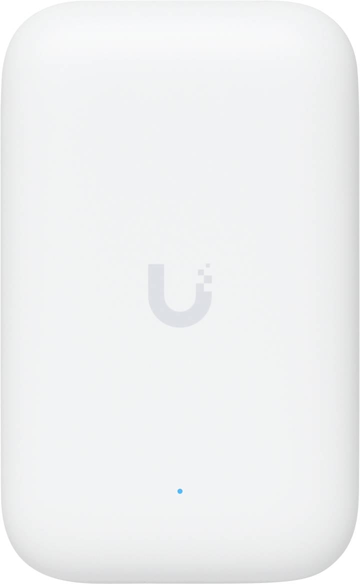 Un appareil blanc rectangulaire aux coins arrondis, doté d'un petit voyant bleu en bas, affiche le logo 'U' en son centre.