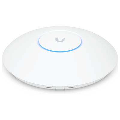 Un point d'accès Wi-Fi blanc et rond avec un anneau lumineux au centre affiche le logo d'un fabricant d'électronique.