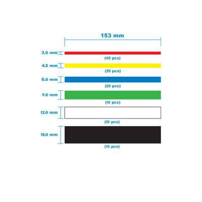 'Comparaison des tailles et des couleurs des colliers de serrage : 3 mm rouge (45 pièces), 4,5 mm jaune (25 pièces), 6 mm bleu (20 pièces), 9 mm vert (10 pièces), 12 mm blanc (10 pièces), 18 mm noir (10 pièces).'