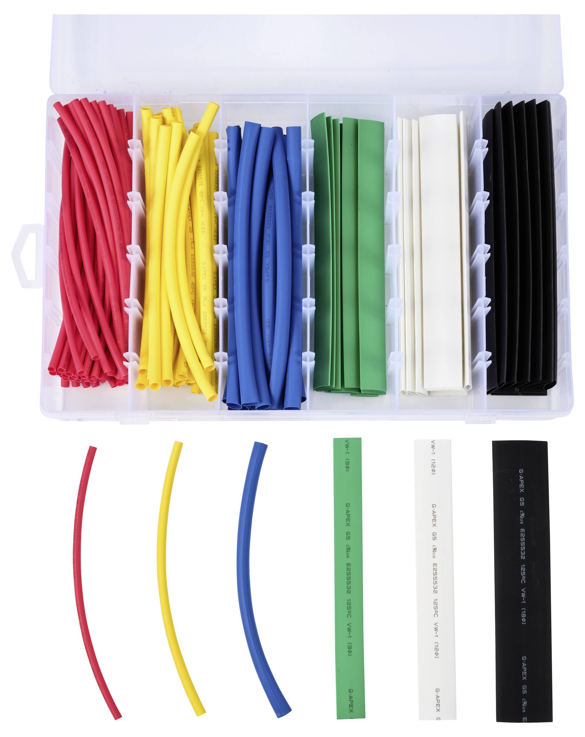 Boîte d'assortiment de gaines thermorétractables de couleurs rouge, jaune, bleu, vert, blanc et noir, triées par couleur et par taille.