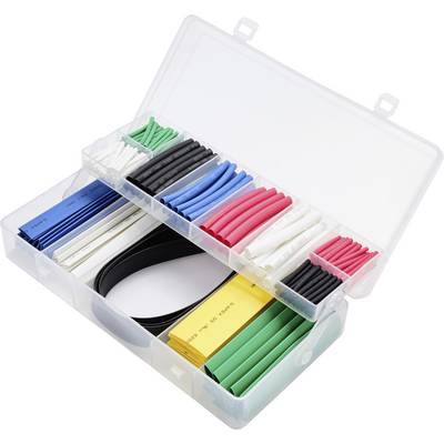 Une boîte en plastique ouverte contient des gaines thermorétractables colorées de différentes tailles et couleurs, telles que bleu, rouge, noir et jaune.