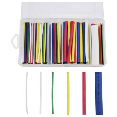 Une boîte transparente avec différentes pièces de gaine thermorétractable colorées triées dans des compartiments. Des échantillons des gaines sont disposés en dessous.