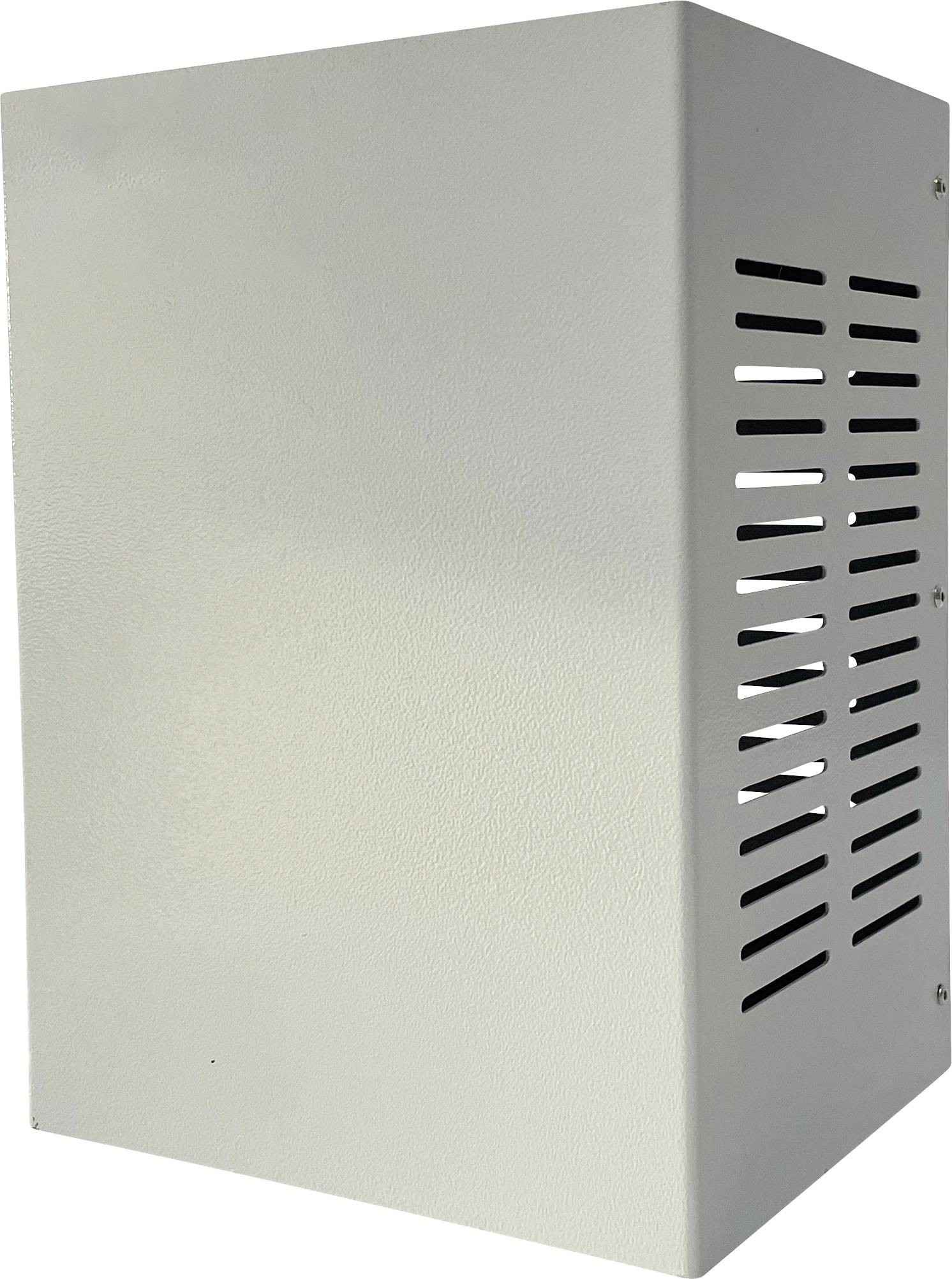 Un boîtier métallique rectangulaire et ventilé avec des fentes d'aération sur le côté. Il est gris et présente une construction simple et fonctionnelle.