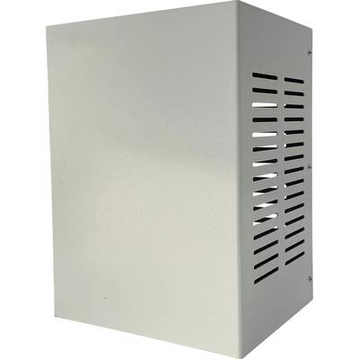Un boîtier métallique rectangulaire et ventilé avec des fentes d'aération sur le côté. Il est gris et présente une construction simple et fonctionnelle.