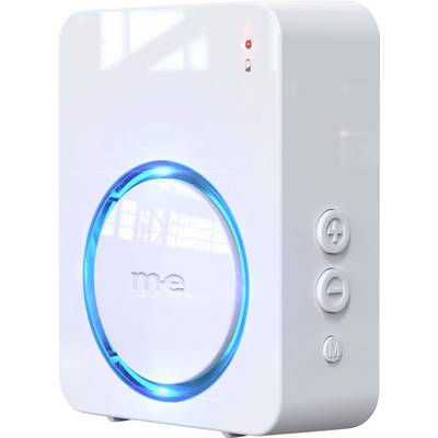 Un appareil électronique blanc avec un voyant circulaire bleu et trois boutons sur le côté, étiquetés '+' et '-', et un bouton 'M'.