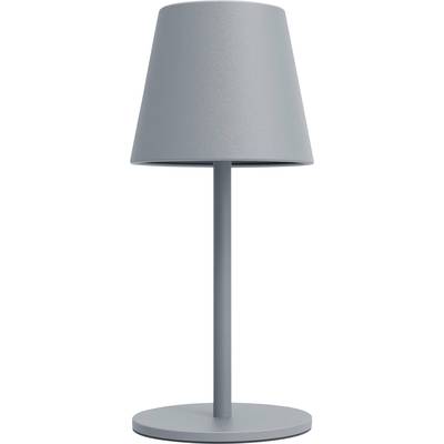 Lampe de table grise au pied cylindrique élancé et à l'abat-jour conique, au design moderne et minimaliste.