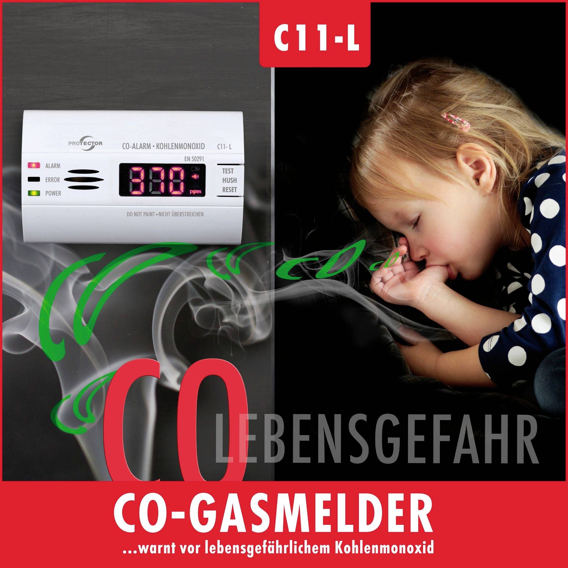 Le détecteur de monoxyde de carbone 'CO-Gasmelder C11-L' indique des valeurs élevées de monoxyde de carbone. Un enfant souffle dans l'air pour illustrer le danger du CO.