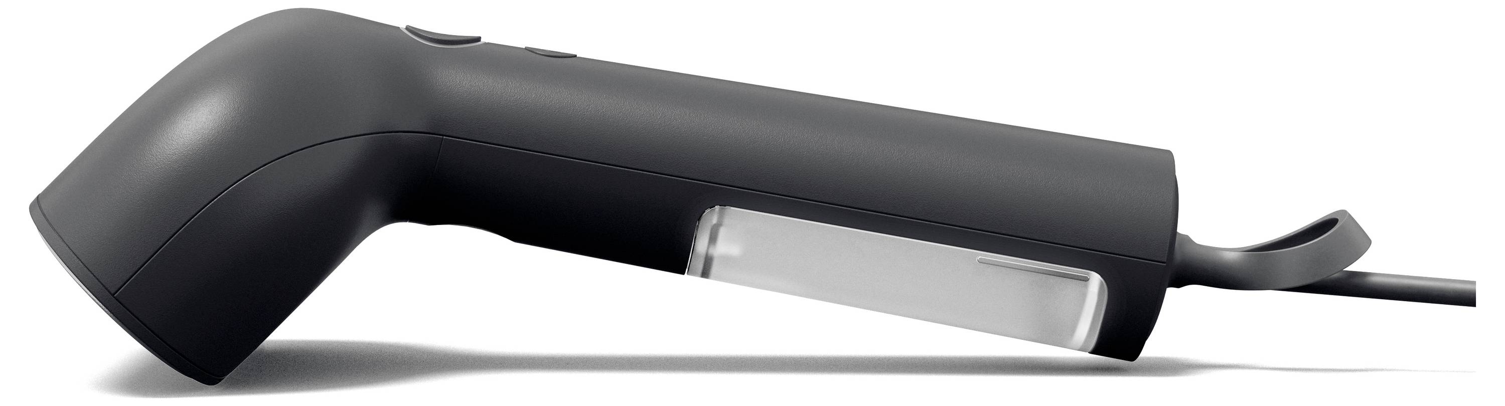 Un dispositif manuel noir avec une poignée ergonomique et une fenêtre transparente, positionné horizontalement et relié par un câble.