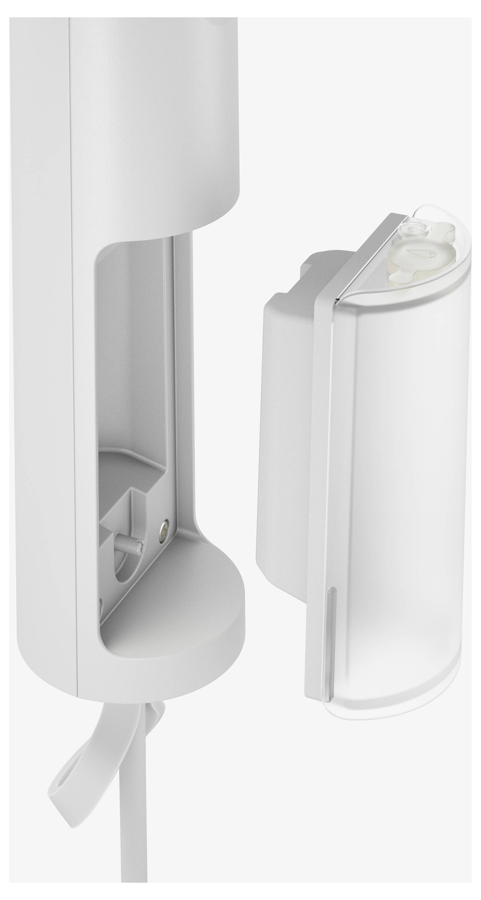 Un couvercle blanc ouvert d'un dispositif électrique pend en biais sur le côté. Une vis et des câbles sont visibles.