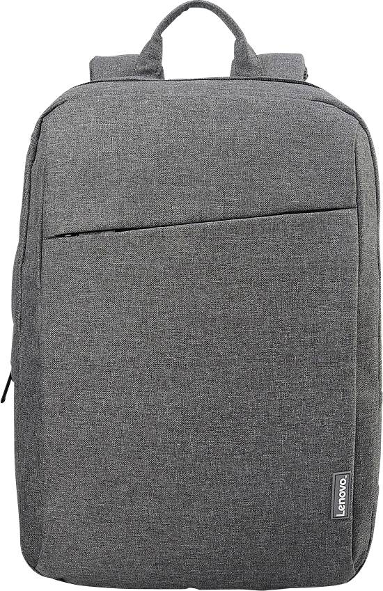 Un sac à dos gris avec deux bretelles et une poche zippée à l'avant. Le nom de la marque est situé en bas à droite.