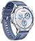 Une montre-bracelet argentée avec des accents bleus et un cadran. Affiche '76 pas', '280 kcal' et un petit cadran pour la date.