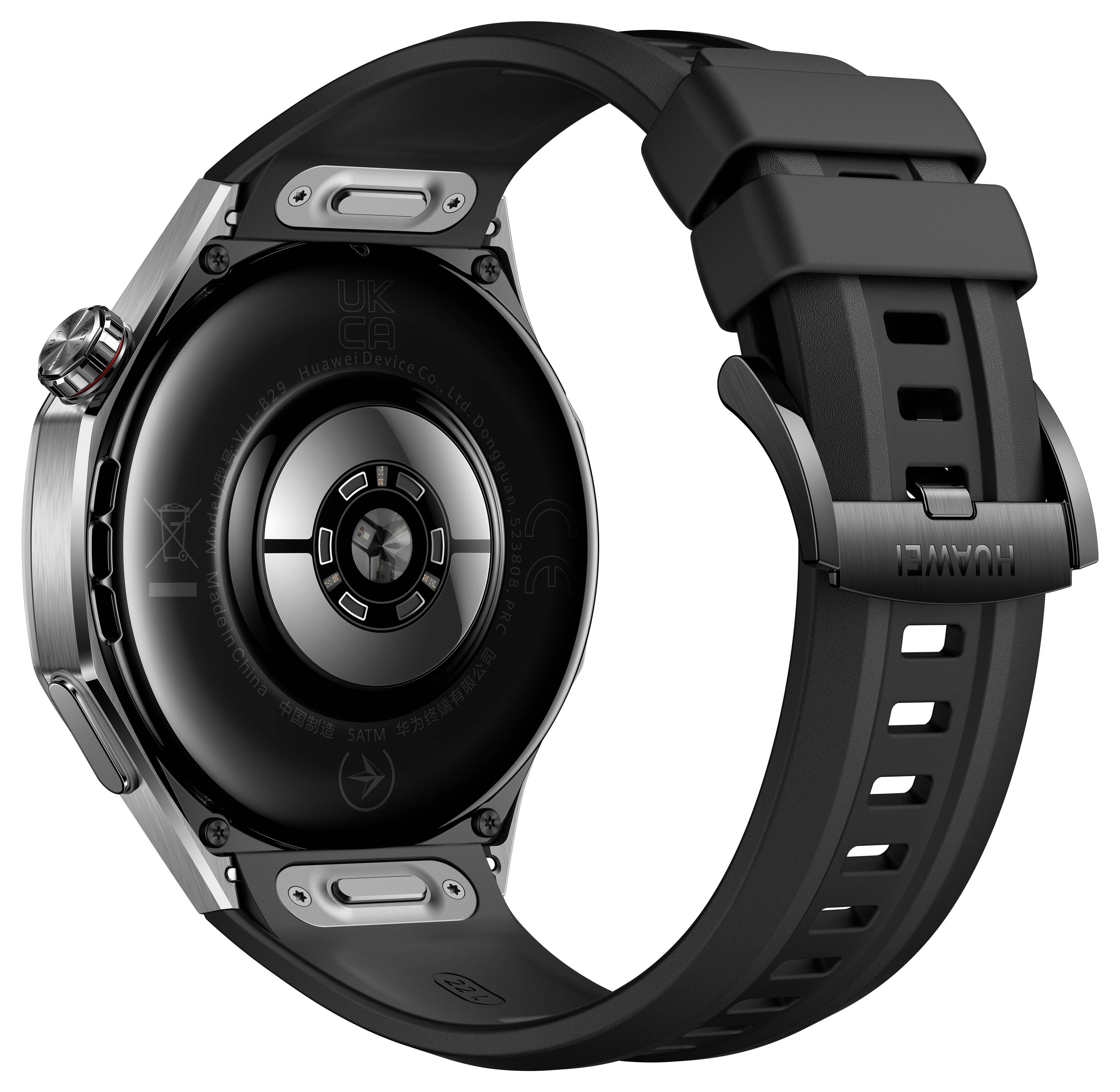 Une montre connectée avec un bracelet noir, un boîtier en métal et un capteur circulaire à l'arrière, montre sa face inférieure.