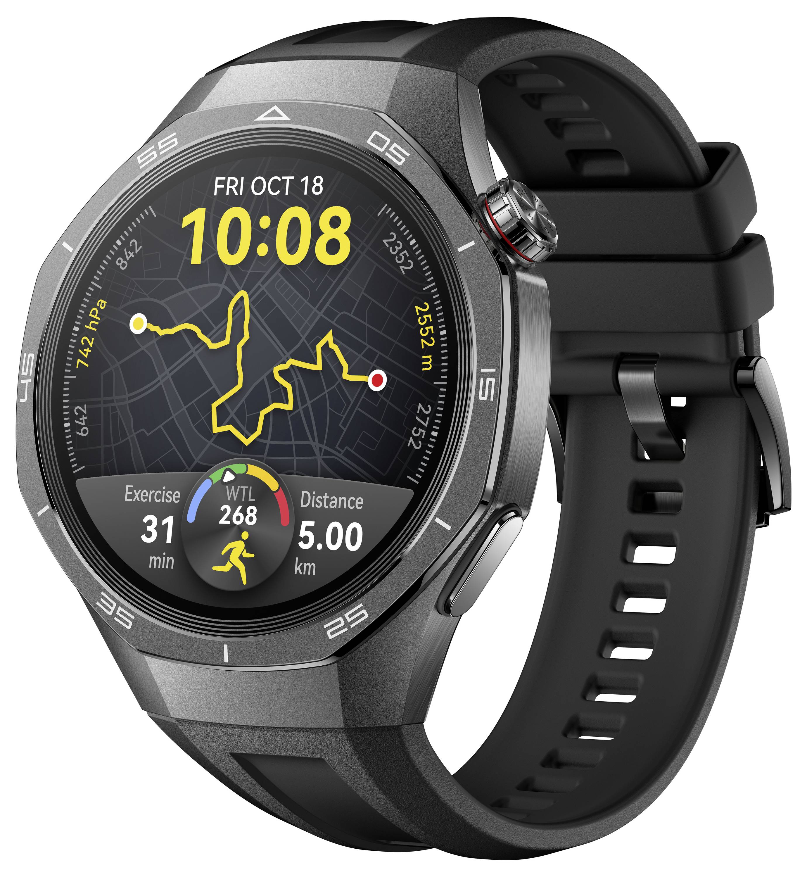 Montre connectée, affichant l'itinéraire sur la carte, heure 10:08. Données d'entraînement : 31 minutes, distance de 5 km, fréquence cardiaque 268 BPM.