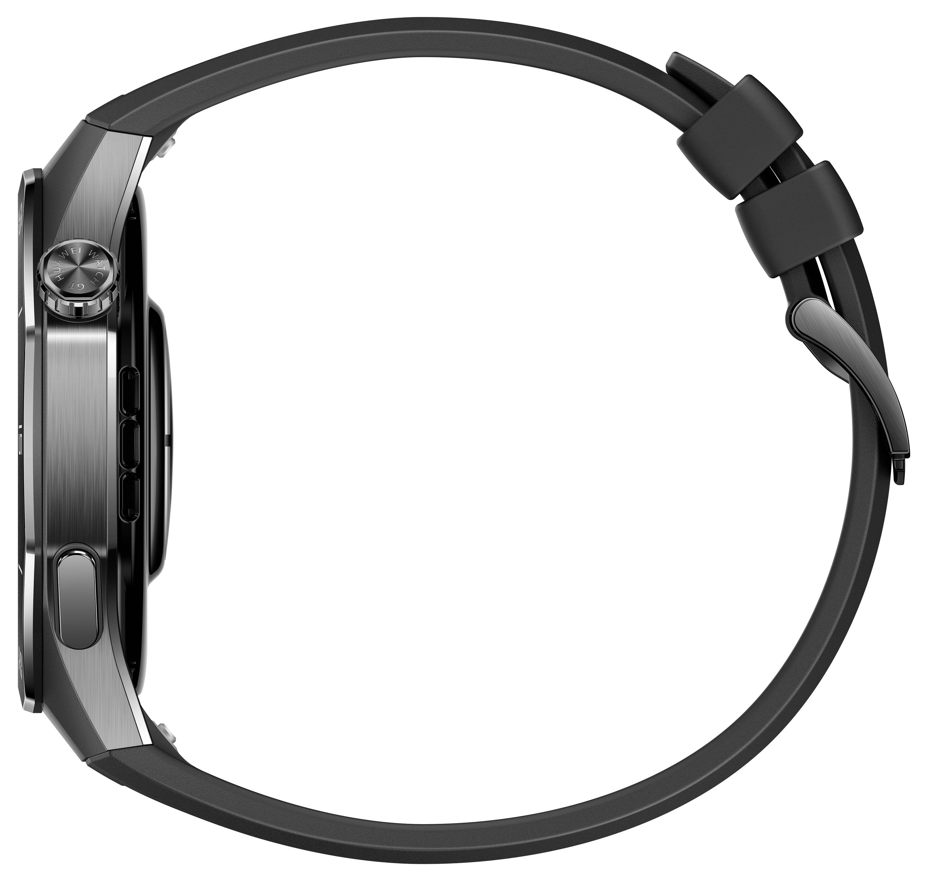 Montre connectée noire à boîtier rond et bracelet en silicone, vue de côté, avec couronne et boutons de commande visibles.